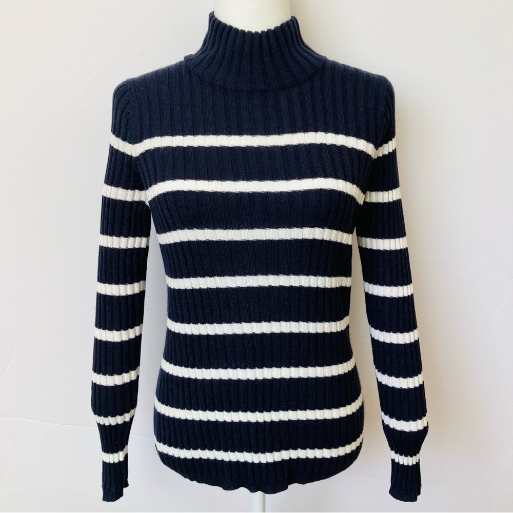 H&M LOGG Label of Graded Goods Navy Blue Mock Turtleneck Striped Ribbed Sweater